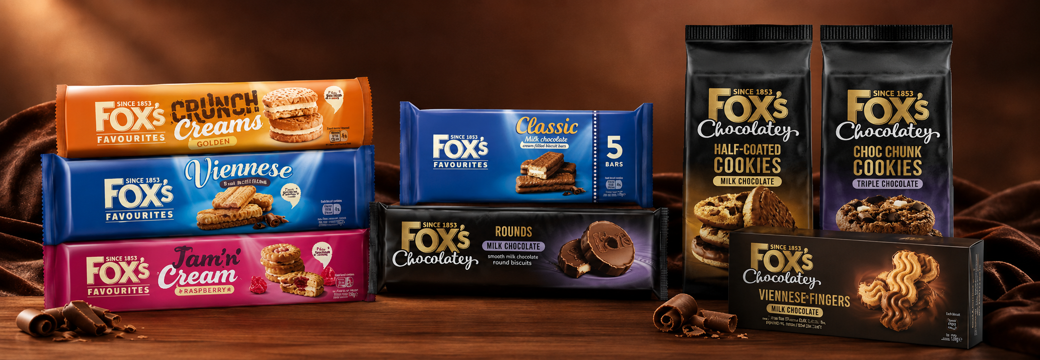 Fox's Biscuits Export range featuring Fox's Favourites and Chocolatey biscuits